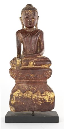 Buddha Bhumispharsa in legno laccato rosso, Stato Shan, Birmania, XVIII...