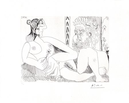 Pablo Picasso, Il pittore e la modella 01/04/71.I, Acquaforte foglio 45x36;...