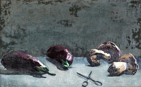 Alberto Ziveri, Melanzane e funghi, 1964 Olio su tela cm 30x50 Firma in alto...