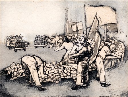 Renzo Vespignani, Manifestanti e polizia, 1951 China, acquarello e pastello...