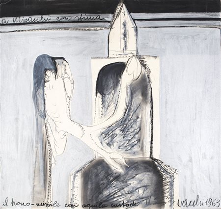 Sergio Vacchi, Il trono-missile con aquila custode, 1963 Matita, pastelli...