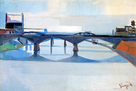 Antonio Vangelli, Il ponte, Olio su tela cm 40x60 Firma sul fronte in basso a...