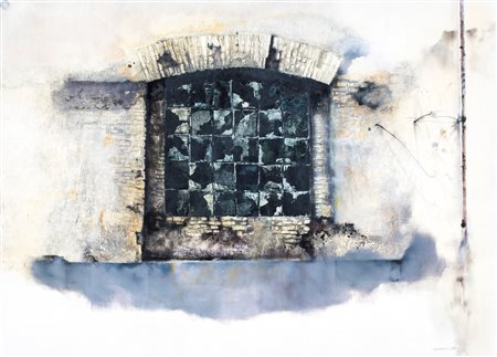 Renzo Vespignani, Finestra, 1974 Tecnica mista su carta cm 70x100 Firma e...