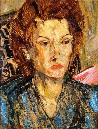 Fausto Pirandello, Ritratto di Mimì Costa, 1950 Olio su cartone cm 31,5x24...