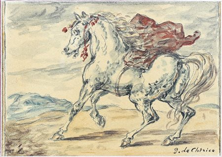 Giorgio De Chirico, Cavallo con drappo, 1960 Acquerello e grafite su carta...
