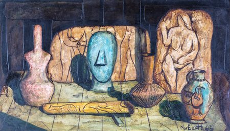 Norberto Proietti, Natura Morta, 1965 Olio su tavola cm 42x75 Firma e data...