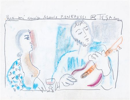 Josè Garcia Ortega, Figure, 1964 Matita, biro e pastelli cerosi su carta cm...
