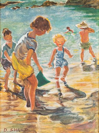 Dorothea Sharp, Senza titolo (bambini al mare), olio su tela 40x31 Firma sul...