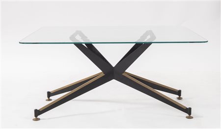 Tavolo da caffè in metallo e ottone con piano in vetro. Prod. Italia, 1960...
