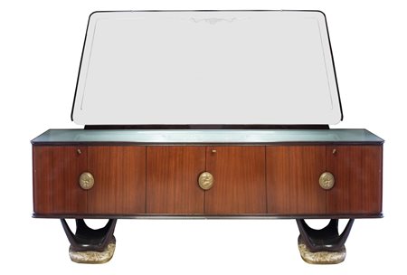 VITTORIO DASSI, attr. Credenza in legno con specchio e maniglie in ottone....