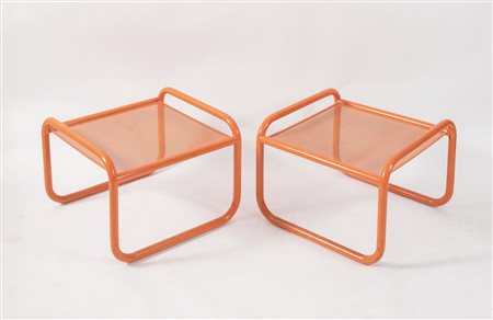 GAE AULENTI Coppia di sgabelli della serie Locus Solus in metallo. Lievi...