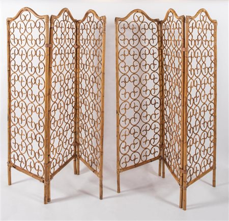 Coppia di paravento in bamboo e vimini con lacci in pelle. Prod. Italia, 1960...