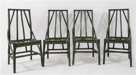 Quattro sedie in bamboo e canna d’india con legature in cuoio. Prod. Italia,...