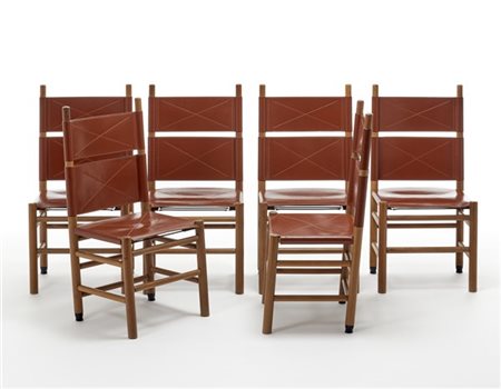 Carlo Scarpa Lotto composto da sei sedie modello "Kentucky". Produzione Bernini,