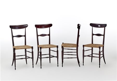 Lotto di quattro sedie Campanino in legno di mogano massello, seduta in corda.