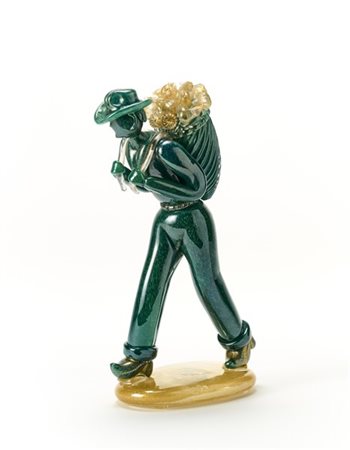 Barovier & Toso Scultura a tutto tondo raffigurante un portatore di gerla con fr