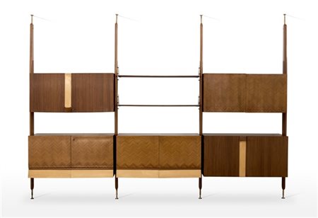 Libreria tre campate rette da puntoni fusiformi in legno di teak massello e imp