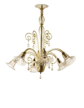 Manifattura di Murano Lampada a sospensione a sei luci. Anni '20. Vetro soffiato