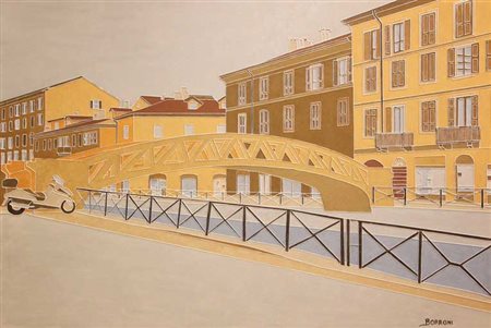 BORRONI Sandro (Legnano, 1944) Ponte naviglio sinistro, 2012 olio su tela,...