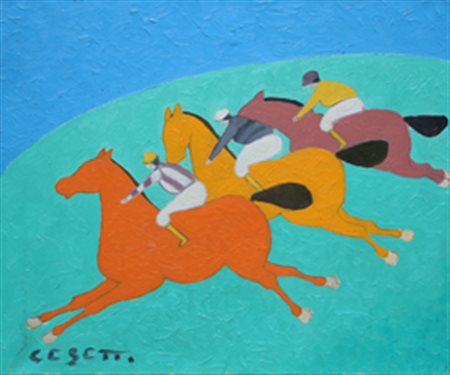 CESETTI Giuseppe (Tuscania 1902 - Tuscania 1990) Tre fantini al galoppo olio...