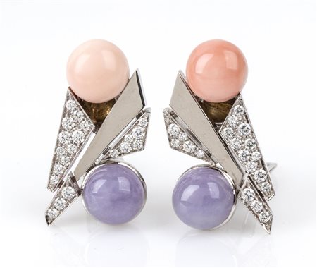 Orecchini in oro con giada lavanda, corallo rosa e diamanti - manifattura SANDI, PADOVA