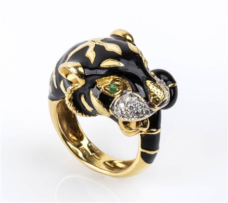 Anello "pantera" in oro, smallto nero, diamanti e smeraldi - manifattura LEGNAZZI, VALENZA