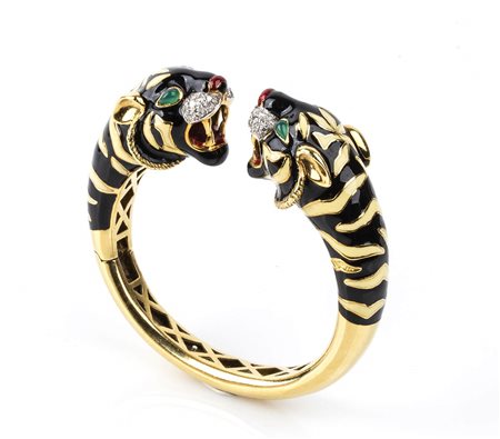 Bracciale "pantera" in oro, smalto nero e rosso, diamanti e smeraldi - manifattura LEGNAZZI, VALENZA 