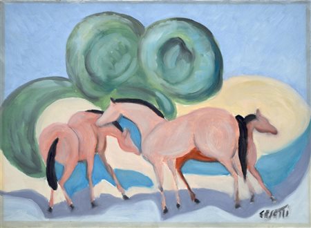 Giuseppe Cesetti (1902 - 1990) CAVALLI olio su cartone telato, cm 30x40 firma