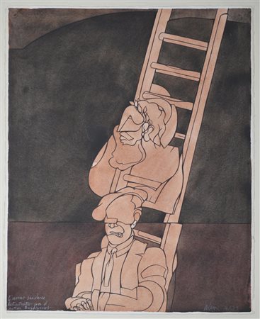 Valerio Adami (1935) UOMO SANDWICH AUTORITRATTO CON IL PITTORE acquerello su...