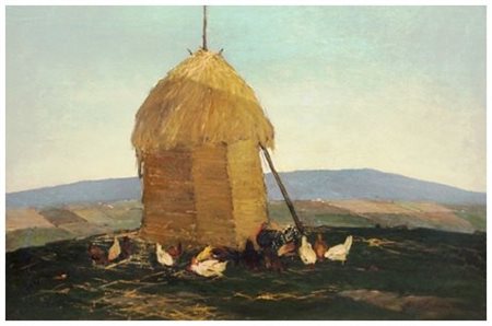 GIOVANNI LOMI Ardenza 1889 – 1969 Il pagliaio, 1950 ca. Olio su tavola 70 x...