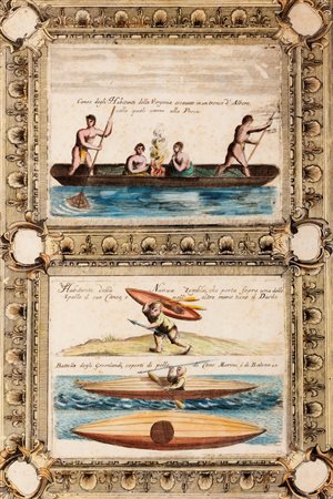 Cartografia - Coronelli, Vincenzo Maria - Canoe degli  Habitanti della Virginia - Habitante della Nuona Zembla - Battello degli Groenlandi