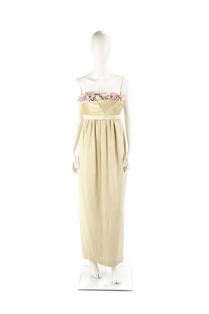 LAGERFELD KARL - Abito colore ecru senza maniche in seta con applicazioni fiori in tessuto sul corpetto, Taglia 38IT. Made in France.