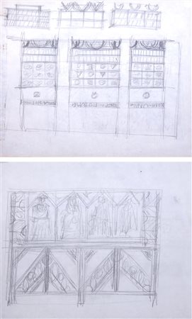 FORTUNATO DEPERO, Progetto per mobile con pannelli decorativi (1939), Idea preliminare per la sistemazione Museo Depero (1956/1957)