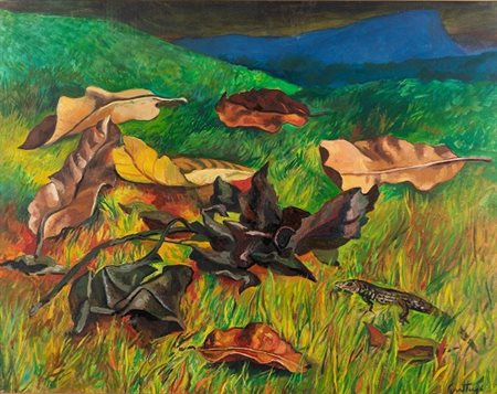 Renato Guttuso “Foglie e ramarro” databile 1983