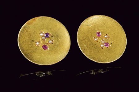 Polsini da camicia a bottone oro 14 kt con perle e rubini