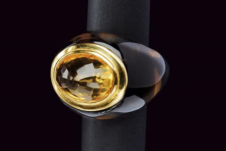 Anello dome in quarzo fumé e citrino