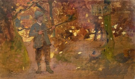 Francesco Gioli (1846 - 1922) CACCIATORE olio su tavola, cm 23x39...