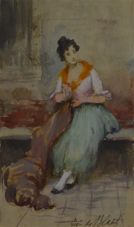Eugenio De Blaas (1843 - 1931) TESSITRICE acquerello su carta, cm 22x15 firma...