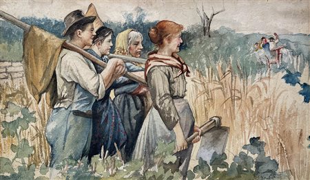 Egisto Ferroni (1835 - 1912) CONTADINI NEI CAMPI acquerello su cartone, cm...