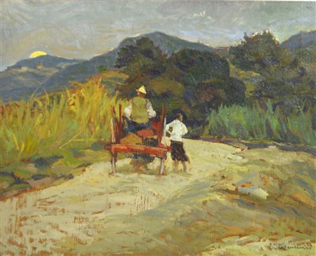 Carlo Domenici (1897 - 1981) PAESAGGIO CON CARRO olio su tavola, cm 41x50,5...