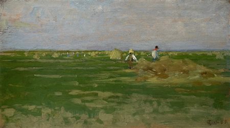 Luigi Gioli (1854 - 1947) LA RACCOLTA DEL FIENO olio su tavola, cm 18,5x32...