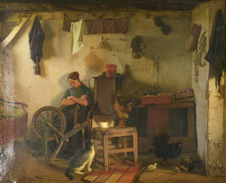 Frederik Vermeheren (1823 - 1910) INTERNO DI CUCINA CON DONNA ASSOPITA olio...