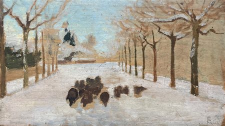 Francesco Gioli (1846 - 1922) MAIALINI NEL VIALE olio su tavola, cm 19x33 firma...