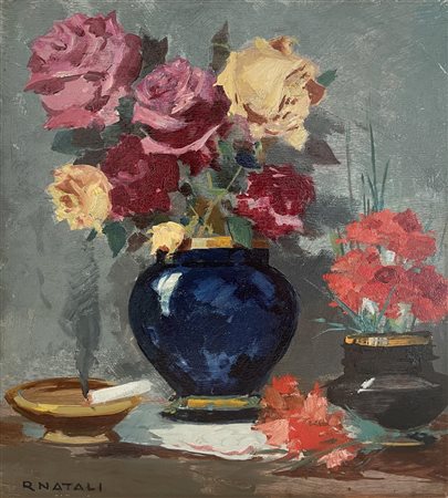 Renato Natali (1883 - 1979) ROSE E GAROFANI olio su tavola, cm 30x30 firma...