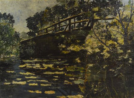 Wilhelm Hans Braun (1873 - 1938) PONTE E NINFEE olio su tela, cm 53x72,5 firma