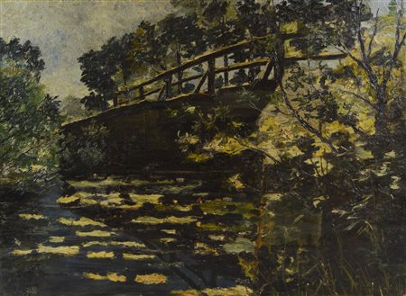 Wilhelm Hans Braun (1873 - 1938) PONTE E NINFEE olio su tela, cm 53x72,5 firma