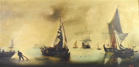 Scuola del XIX secolo MARINA olio su tela, cm 60x120 indistintamente firmato