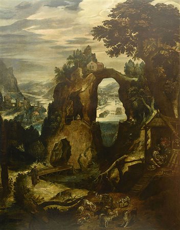 Lodewijk Toeput (1550 - 1605) PAESAGGIO FLUVIALE CON VEDUTA DI CITTA' olio su...