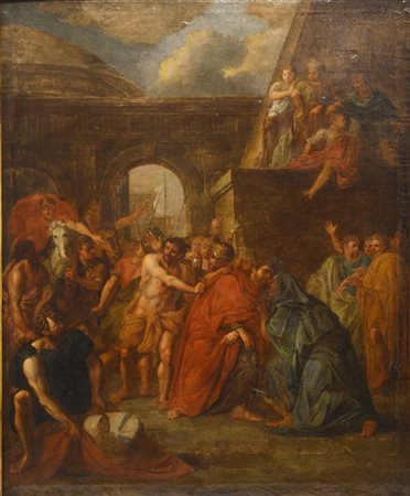 Scuola del XVII secolo SCENA BIBLICA olio su tela, cm 103x81