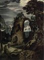 Lodewijk Toeput (1550 - 1605) PAESAGGIO FLUVIALE CON VEDUTA DI CITTA' olio su...